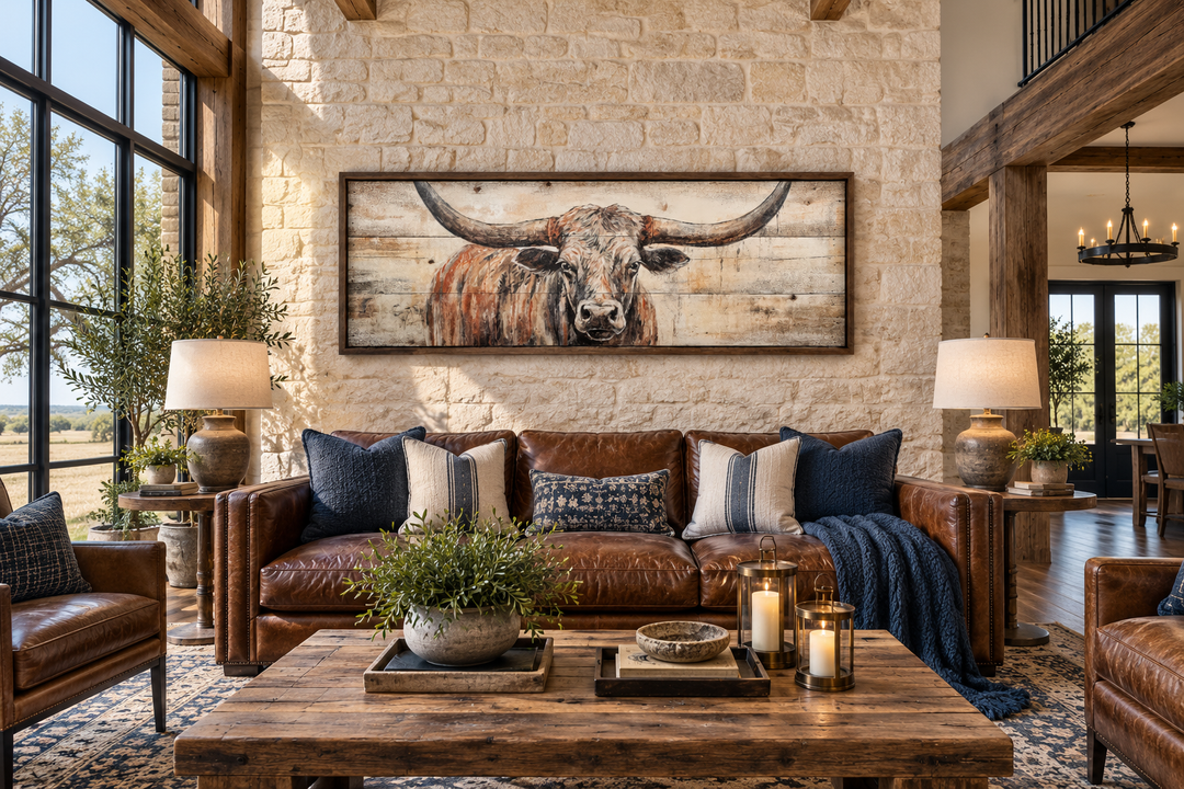 Texas Longhorn steer painted on wood effect, long horizontal framed canvas art above a leather sofa.