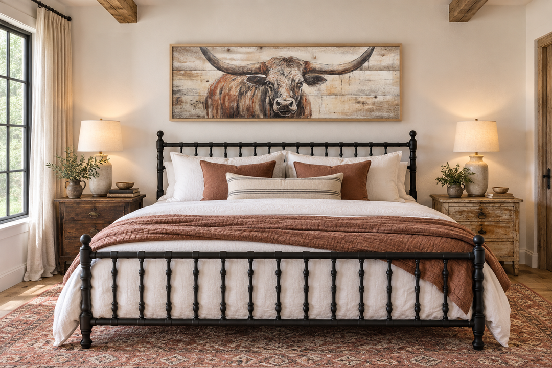 Texas Longhorn steer painted on wood effect horizontal framed canvas art above a bed.