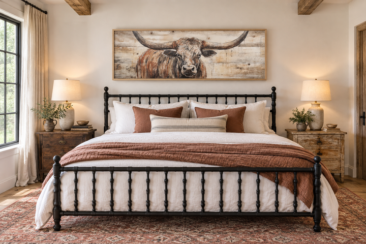 Texas Longhorn steer painted on wood effect horizontal framed canvas art above a bed.