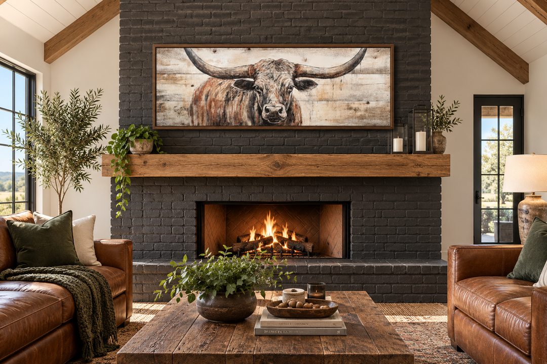 Texas Longhorn steer painted on wood effect, long horizontal framed canvas art above a fireplace.