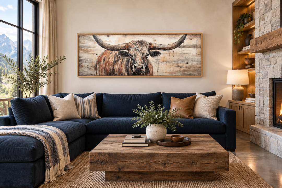 Texas Longhorn steer painted on wood effect, long horizontal framed canvas wall art above a sofa.