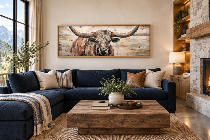 Texas Longhorn steer painted on wood effect, long horizontal framed canvas wall art above a sofa.