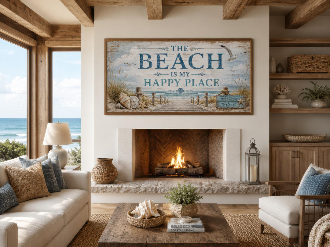 The Beach Is My Happy Place sign wall art displayed above a fireplace in a coastal living room.