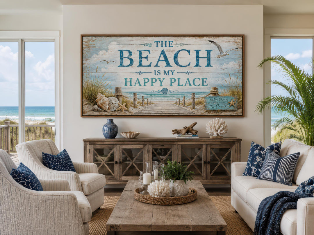 Large coastal wall art with 'The Beach Is My Happy Place' text above a rustic wooden sideboard.