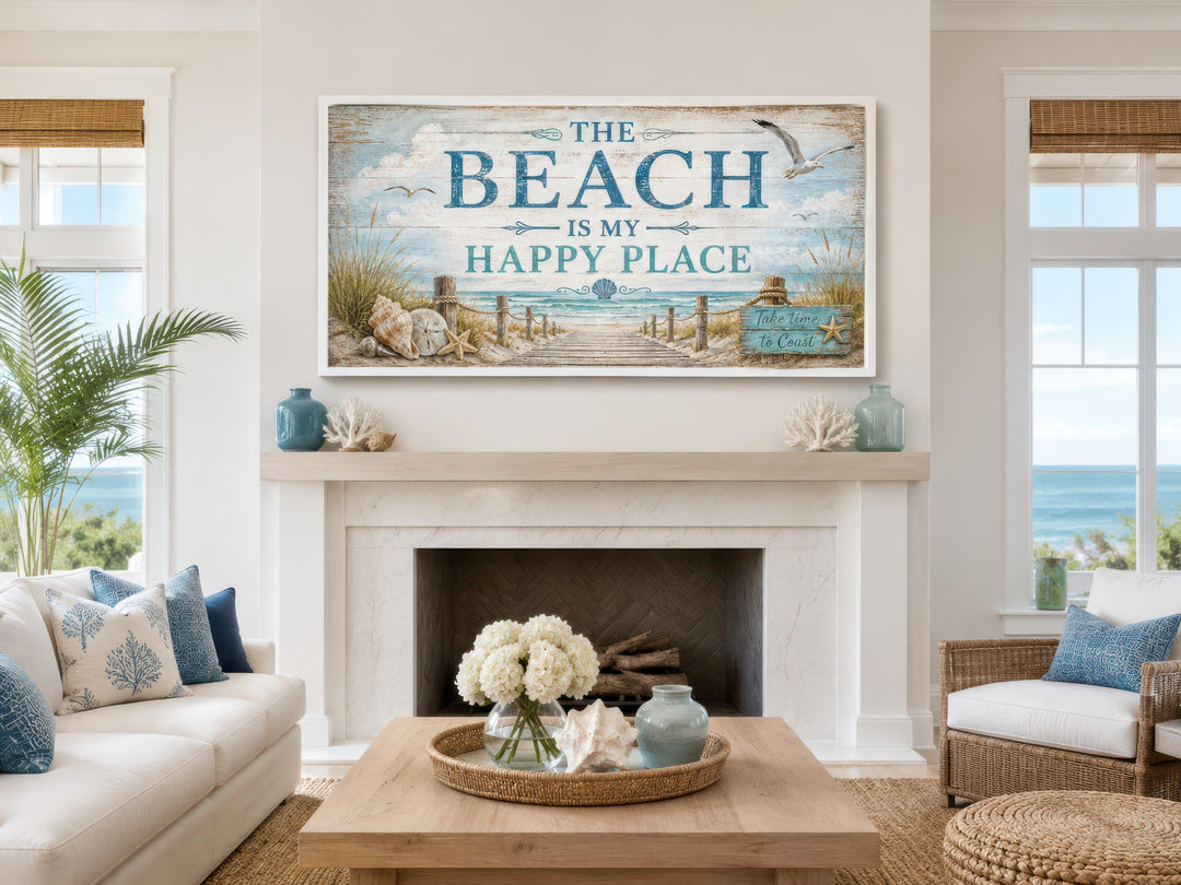 The Beach Is My Happy Place coastal wall art hanging above a fireplace in a beach house living room.