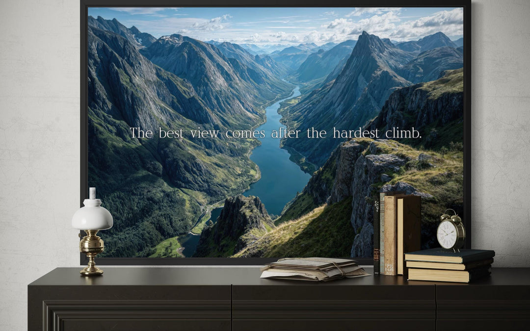 "The Best View Comes After the Hardest Climb" inspirational quote wall art with mountain landscape.