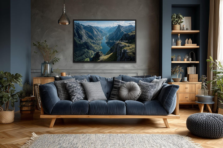 "The Best View Comes After the Hardest Climb" inspirational quote wall art with mountain landscape.