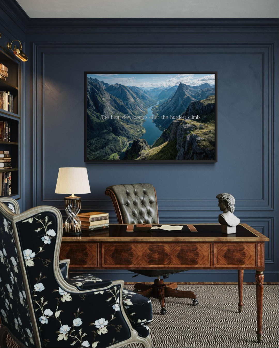 "The Best View Comes After the Hardest Climb" inspirational quote wall art with mountain landscape.