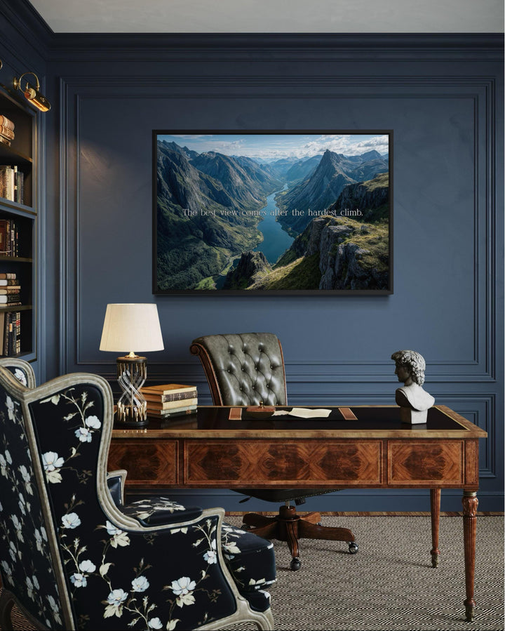 "The Best View Comes After the Hardest Climb" inspirational quote wall art with mountain landscape.