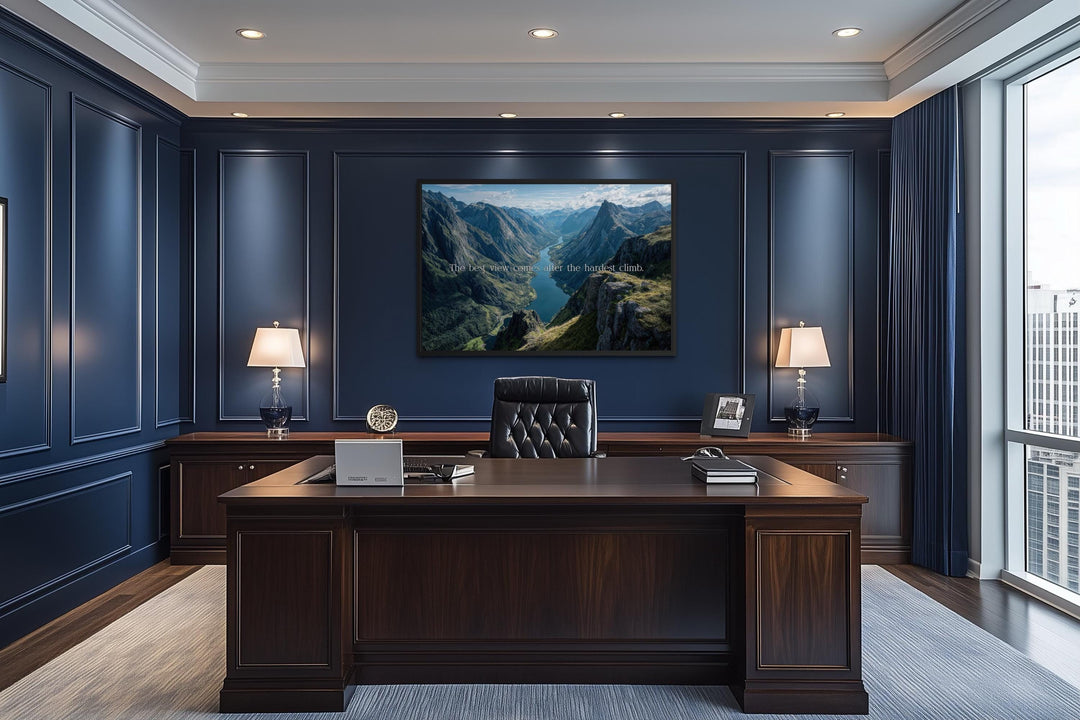 Inspirational mountain landscape wall art with quote.