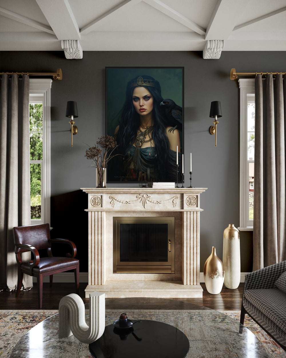 The Morrigan Warrior-Queen Celtic Goddess framed canvas wall art hanging above a marble fireplace.
