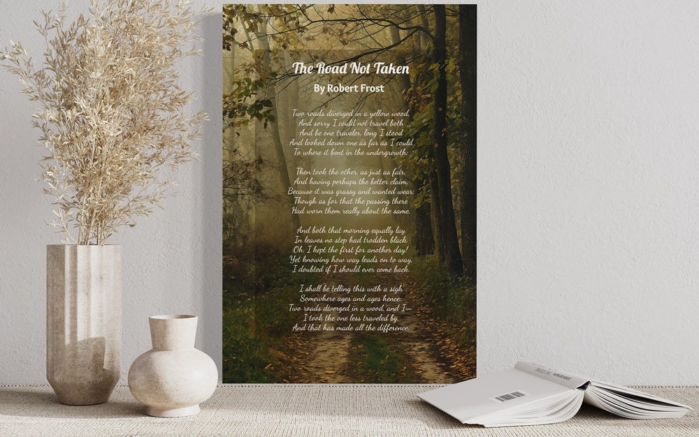 The Road Not Taken Poem Robert Frost Poem Framed Canvas Wall Art close up