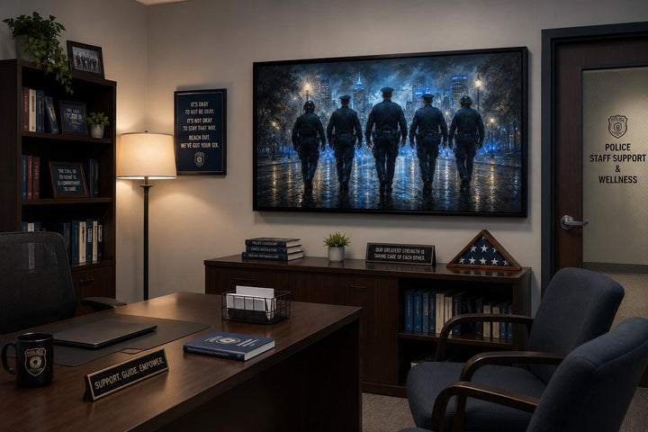 Thin Blue Line canvas wall art featuring five police officer silhouettes in a dark office setting.