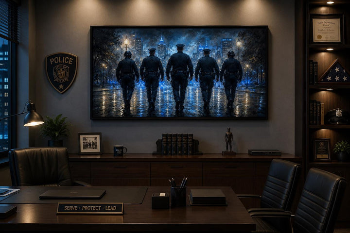 Thin Blue Line canvas wall art featuring five police officer silhouettes in a city at night.