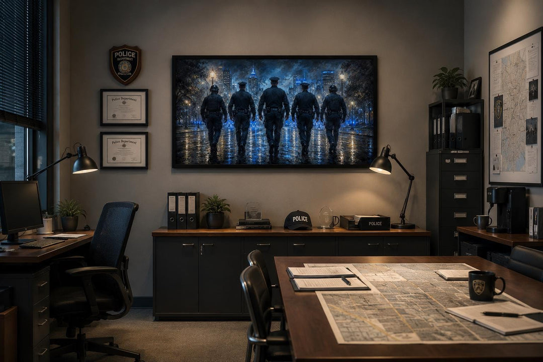 Thin Blue Line canvas wall art featuring five police officer silhouettes in a dark office setting.