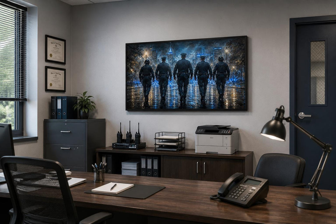 Thin Blue Line canvas wall art featuring five police officers walking toward a city skyline.