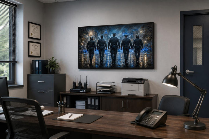 Thin Blue Line canvas wall art featuring five police officers walking toward a city skyline.