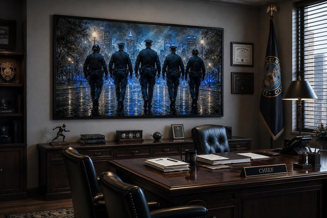 Thin Blue Line canvas wall art featuring five police officers walking in a city at night.