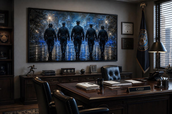 Thin Blue Line canvas wall art featuring five police officers walking in a city at night.
