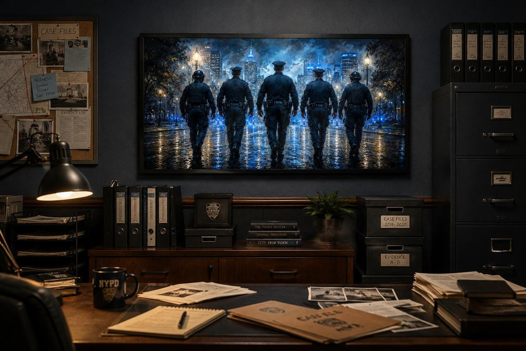 Thin Blue Line canvas wall art featuring five police officers walking in a city at night.