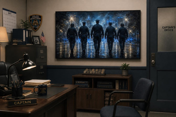 Thin Blue Line canvas wall art featuring five police officer silhouettes in a cinematic city scene.