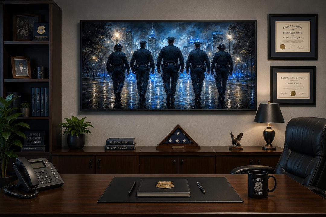 Thin Blue Line canvas wall art featuring five police officer silhouettes in a city at night.