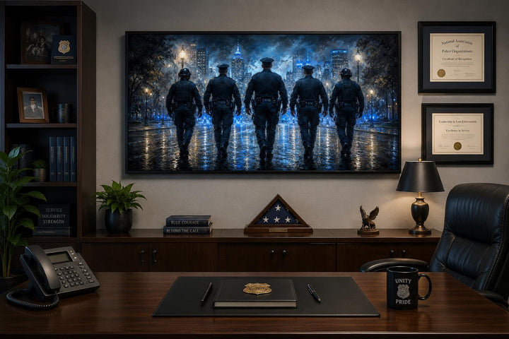 Thin Blue Line canvas wall art featuring five police officer silhouettes in a city at night.
