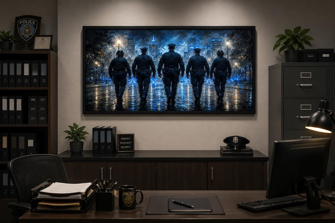 Thin Blue Line canvas wall art featuring five police officer silhouettes in a city at night.