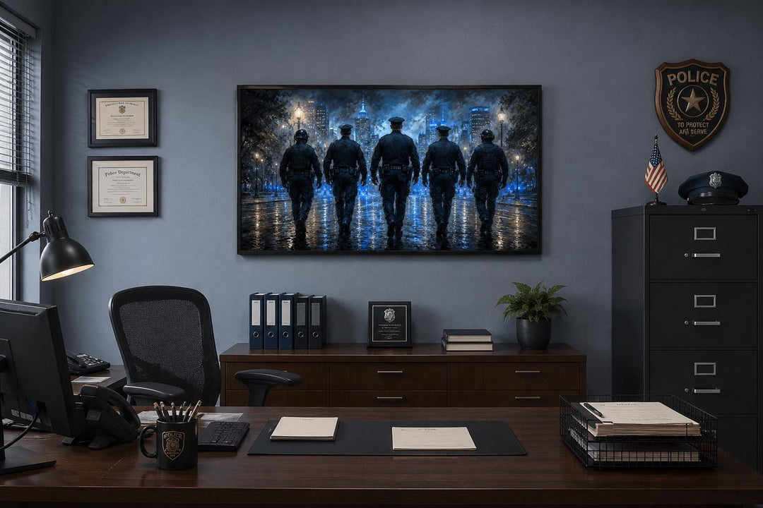 Thin Blue Line canvas wall art featuring five police officer silhouettes in a city at night.
