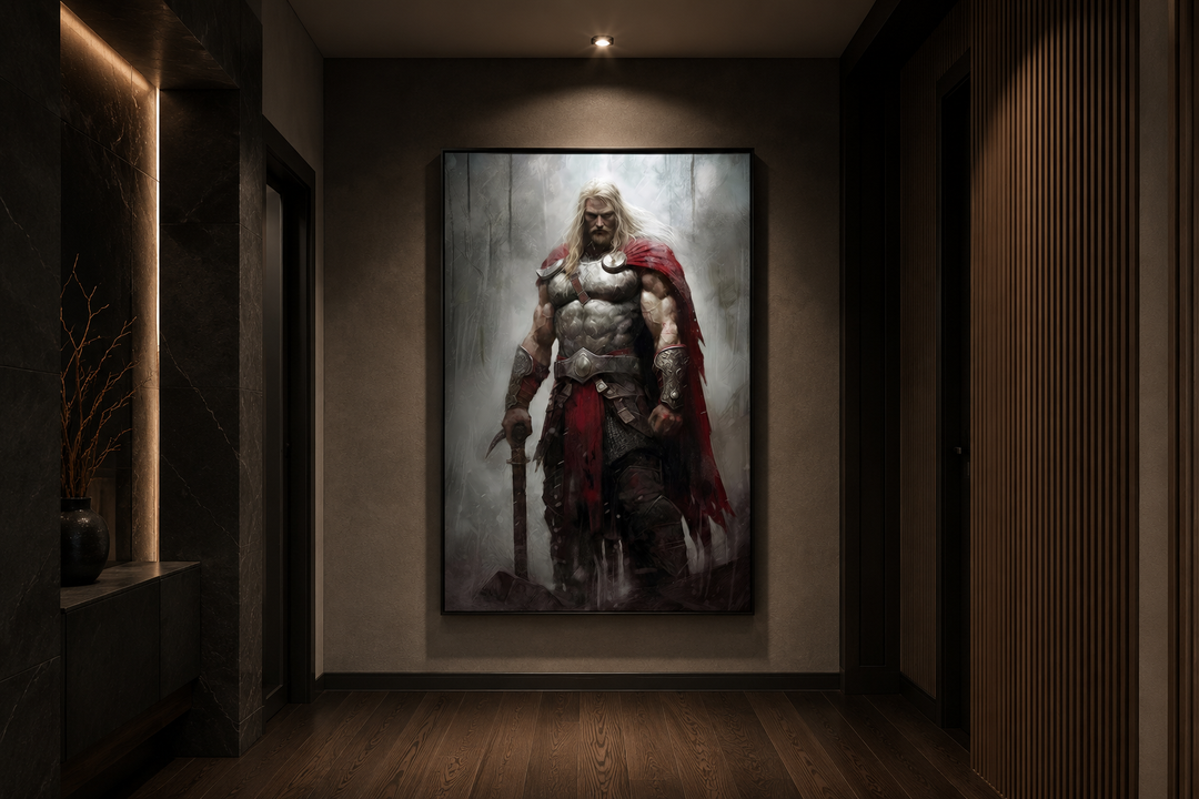 Thor Norse God of Thunder framed canvas wall art in a dark, modern hallway setting.