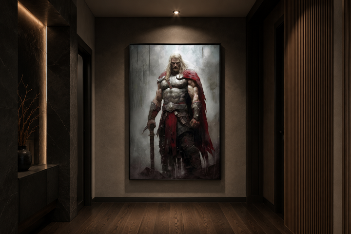 Thor Norse God of Thunder framed canvas wall art in a dark, modern hallway setting.