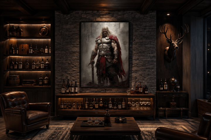 Framed canvas wall art of Thor, the Norse God of Thunder, displayed in a rustic office setting.