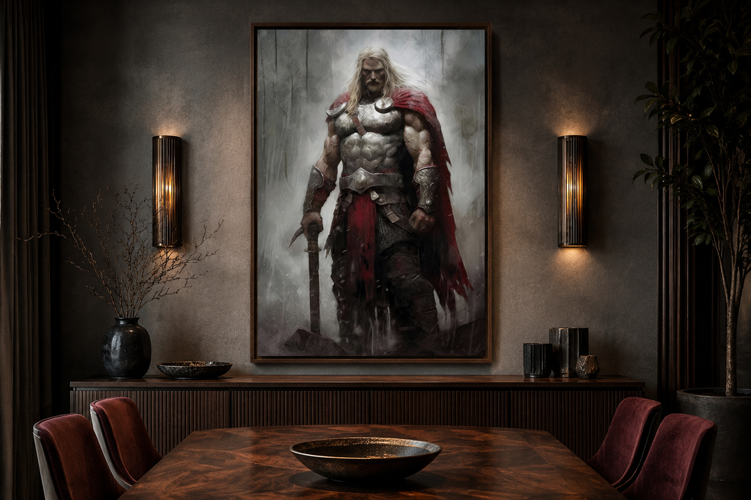 Framed canvas wall art of Thor, the Norse God of Thunder, in a dark, modern dining room setting.