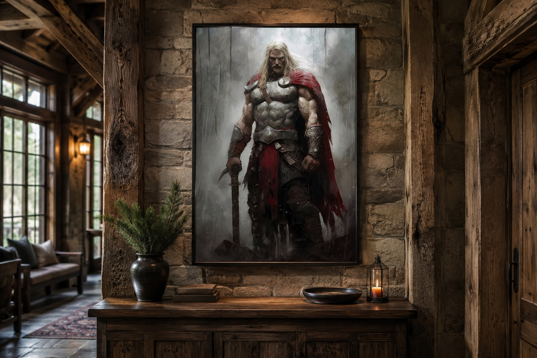 Framed canvas wall art of Thor in armor with a red cape, hanging on a rustic stone wall.