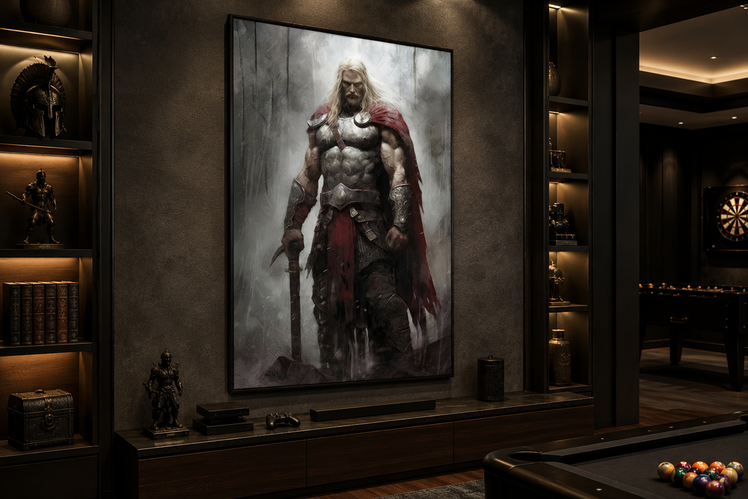 Framed canvas wall art of Thor, the Norse God of Thunder, in a dark, modern office setting.