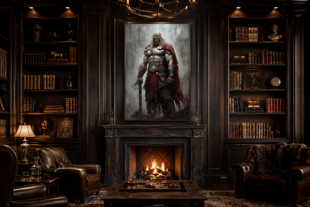Thor Norse God of Thunder framed canvas art above a fireplace in a dark wood paneled office.