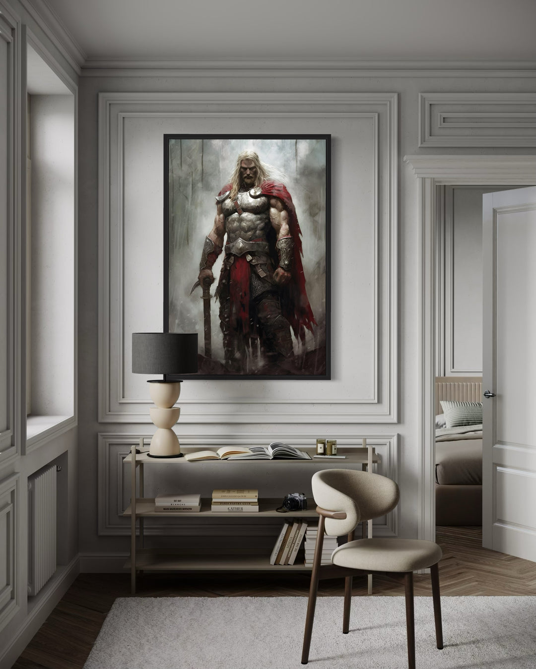 Thor Norse God of Thunder framed canvas wall art in a modern office setting above a console table.