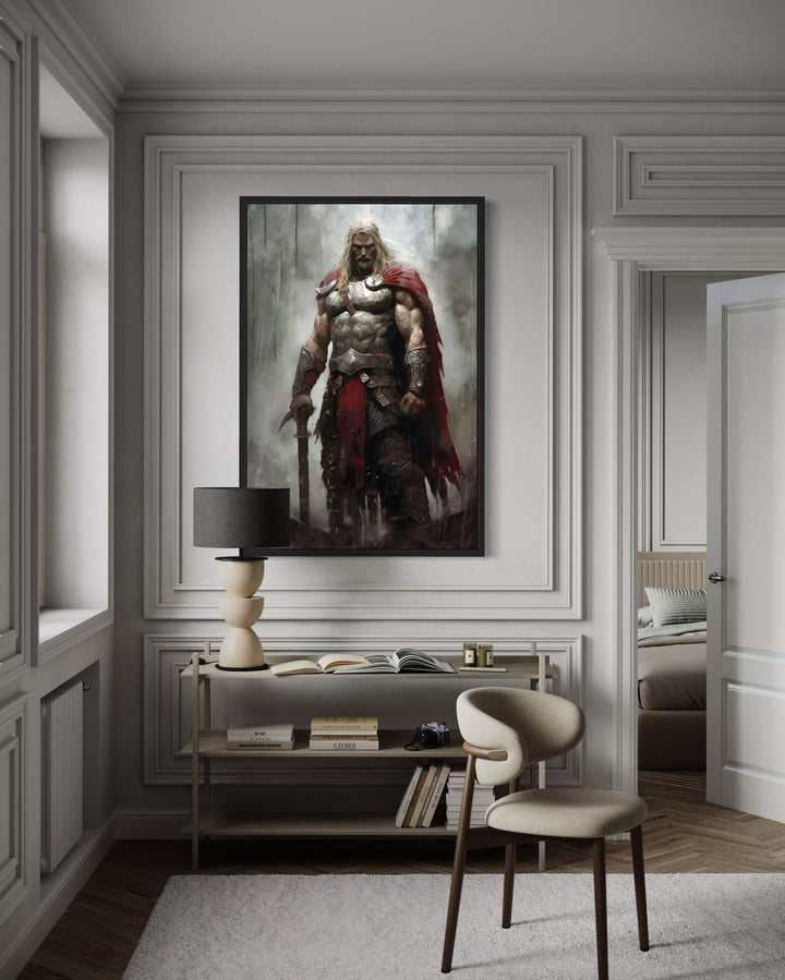 Thor Norse God of Thunder framed canvas wall art in a modern office setting above a console table.