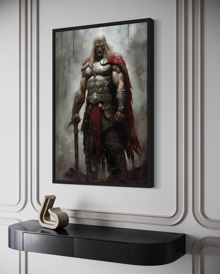 Thor Norse God of Thunder framed canvas wall art in a black frame above a modern console table.