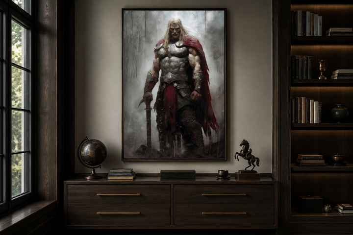 Framed canvas wall art of Thor in armor with a red cape, displayed in a dark wood office setting.