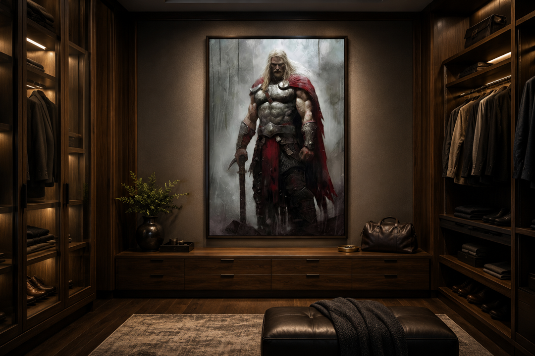 Framed canvas wall art of Thor in armor with a red cape, displayed in a dark wood walk-in closet.