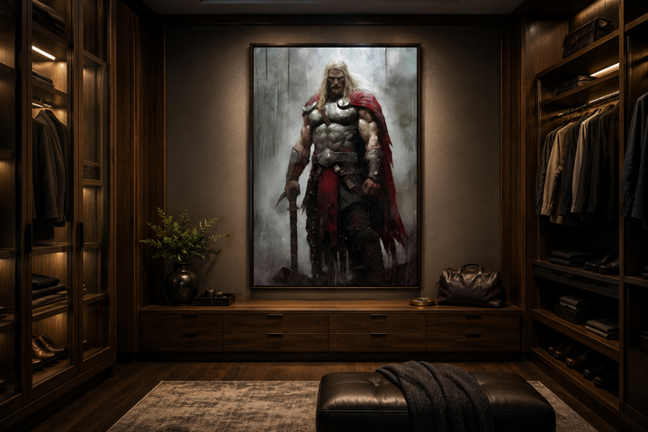 Framed canvas wall art of Thor in armor with a red cape, displayed in a dark wood walk-in closet.