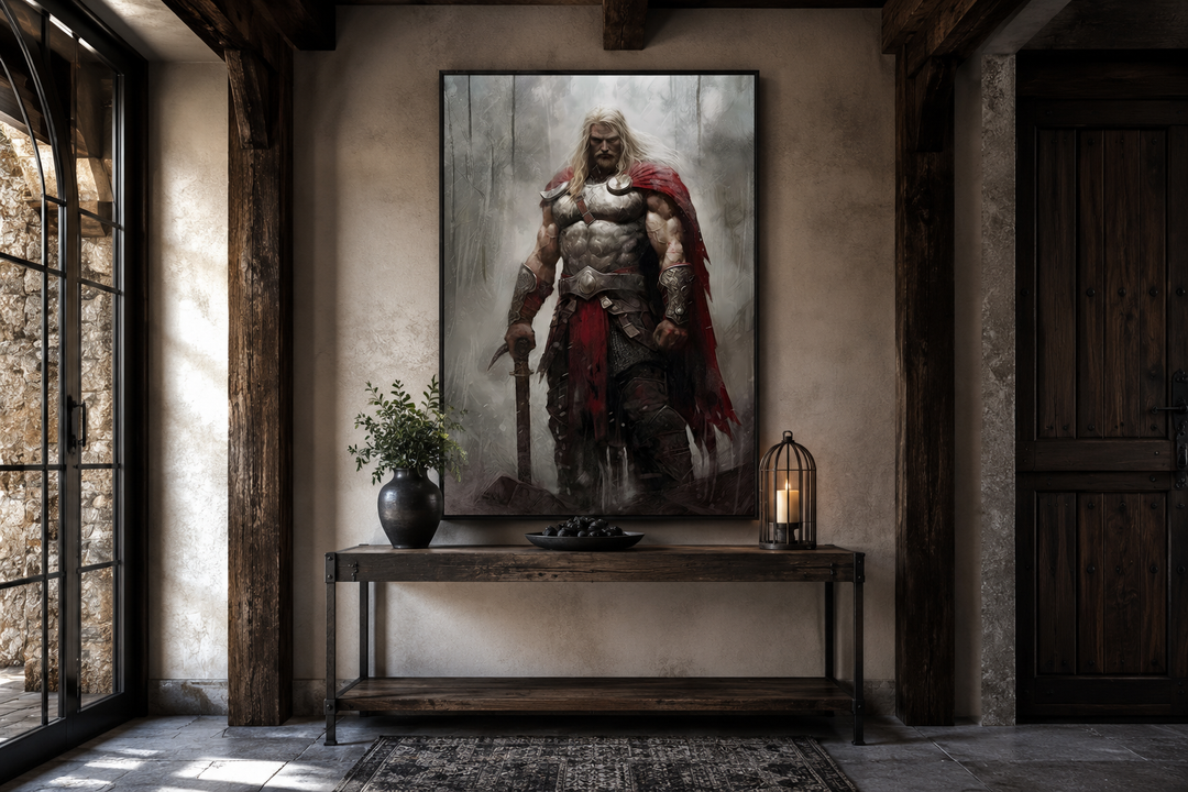 Thor Norse God of Thunder framed canvas wall art in a rustic office setting above a wooden console.