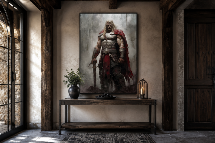 Thor Norse God of Thunder framed canvas wall art in a rustic office setting above a wooden console.
