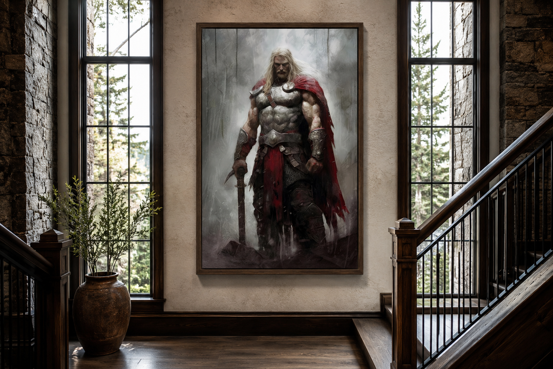 Framed canvas wall art of Thor, the Norse God of Thunder, in a rustic interior setting.