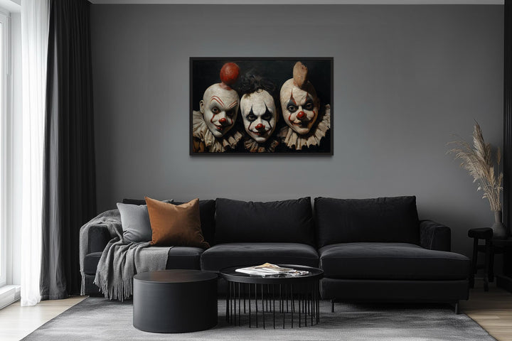 Three Creepy Clown Mask With Vintage Circus Style Halloween Wall Art