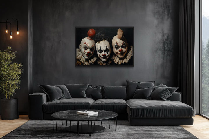 Three Creepy Clown Mask With Vintage Circus Style Halloween Wall Art
