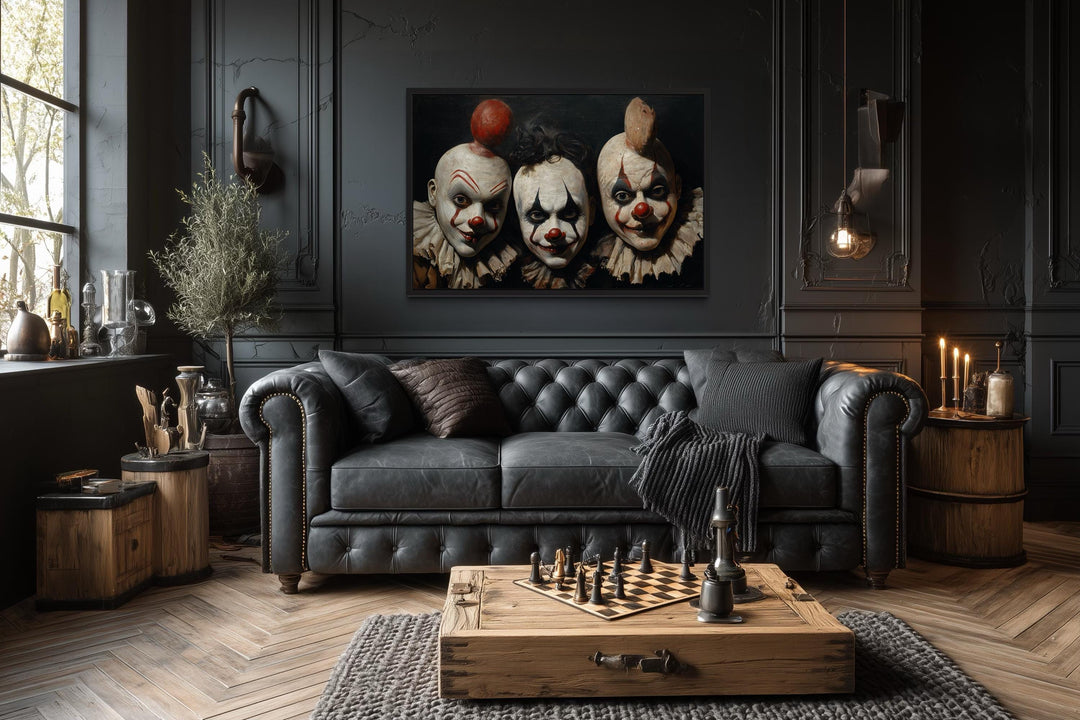 Three Creepy Clown Mask With Vintage Circus Style Halloween Wall Art