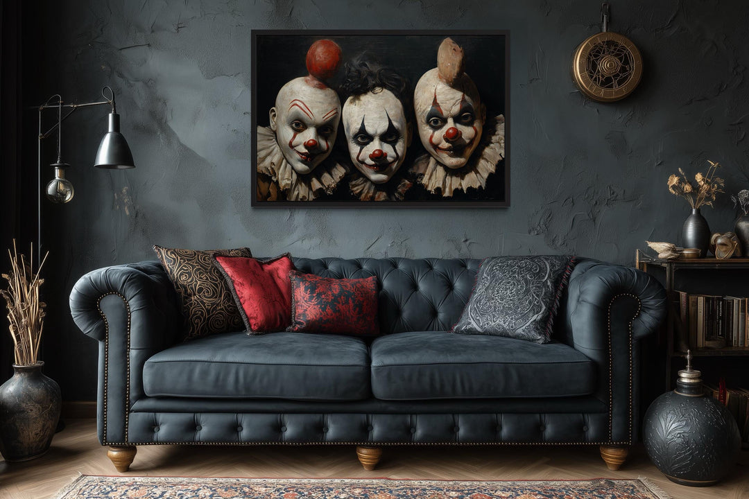 Three Creepy Clown Mask With Vintage Circus Style Halloween Wall Art