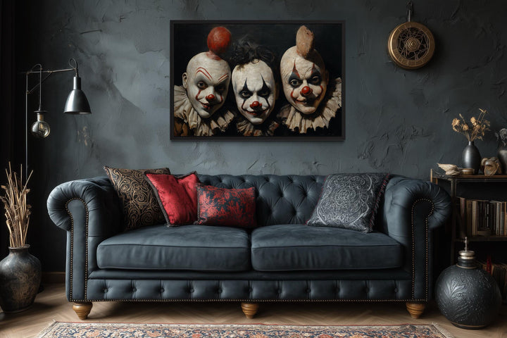 Three Creepy Clown Mask With Vintage Circus Style Halloween Wall Art